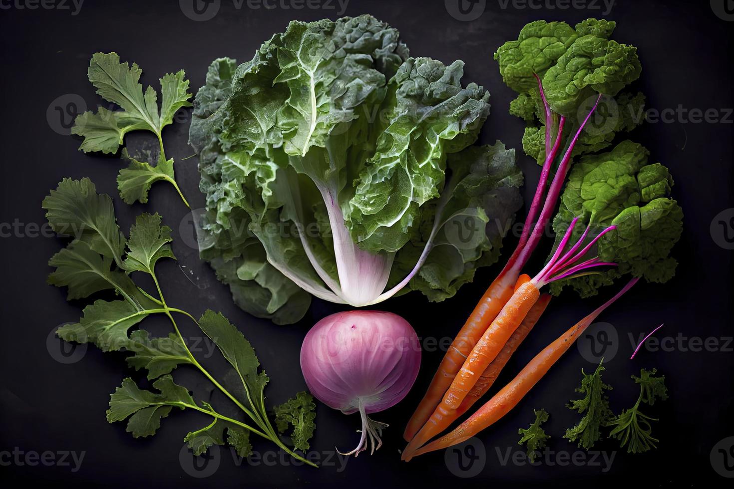 Top view of freshly harvested radish, carrots, and kale cabbage photo