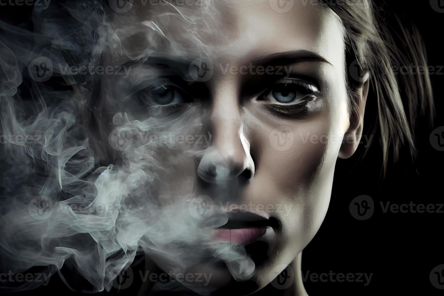 Woman smoking, close up on smoke and mouth photo