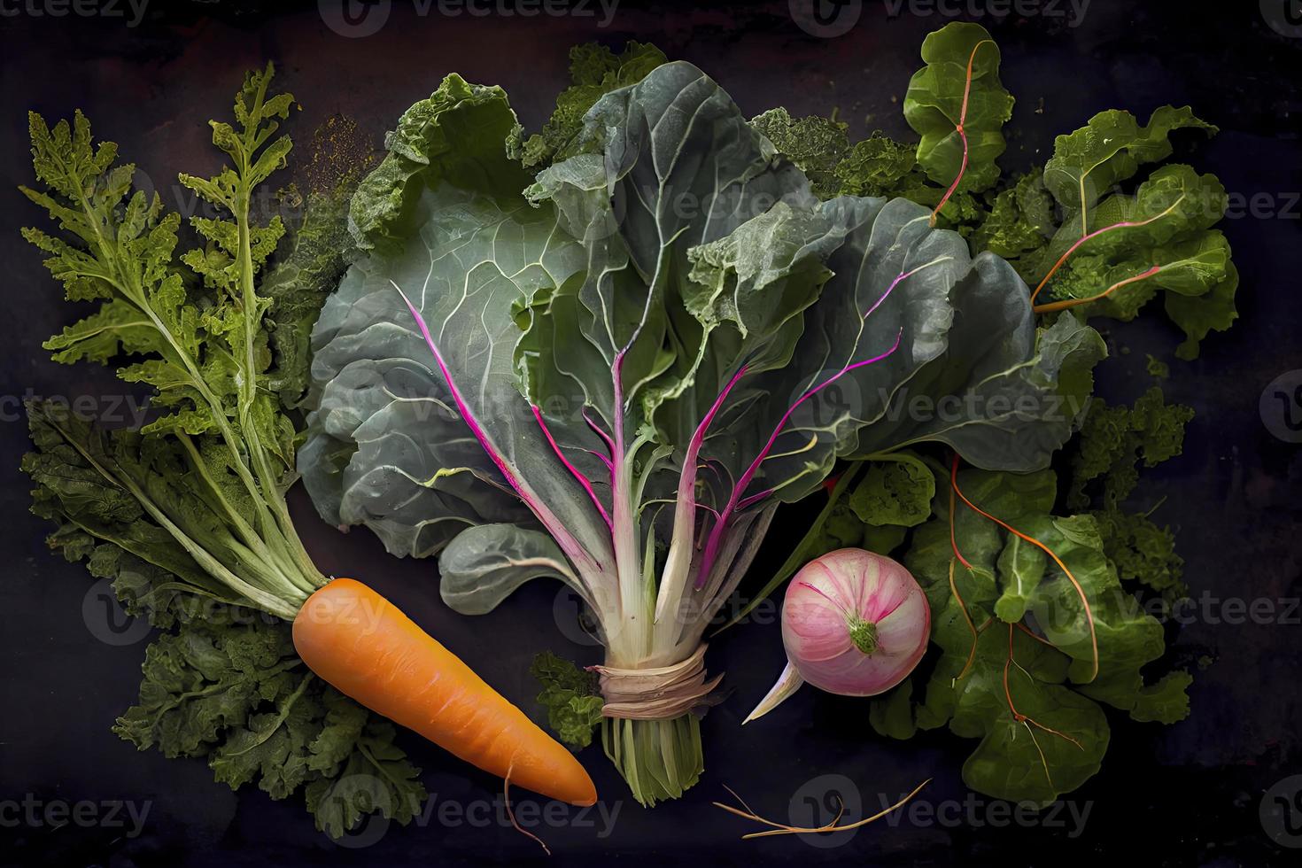 Top view of freshly harvested radish, carrots, and kale cabbage photo