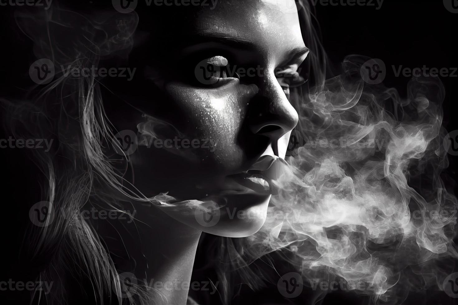 Woman smoking, close up on smoke and mouth photo