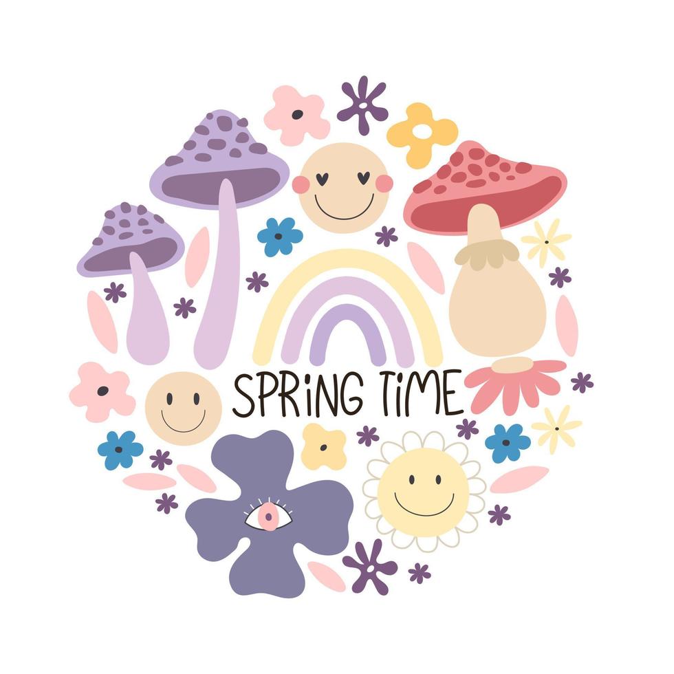 spring time. Cartoon flower, hand drawing lettering. colorful spring vector illustration, flat style. design for print, greeting card, poster decoration, cover