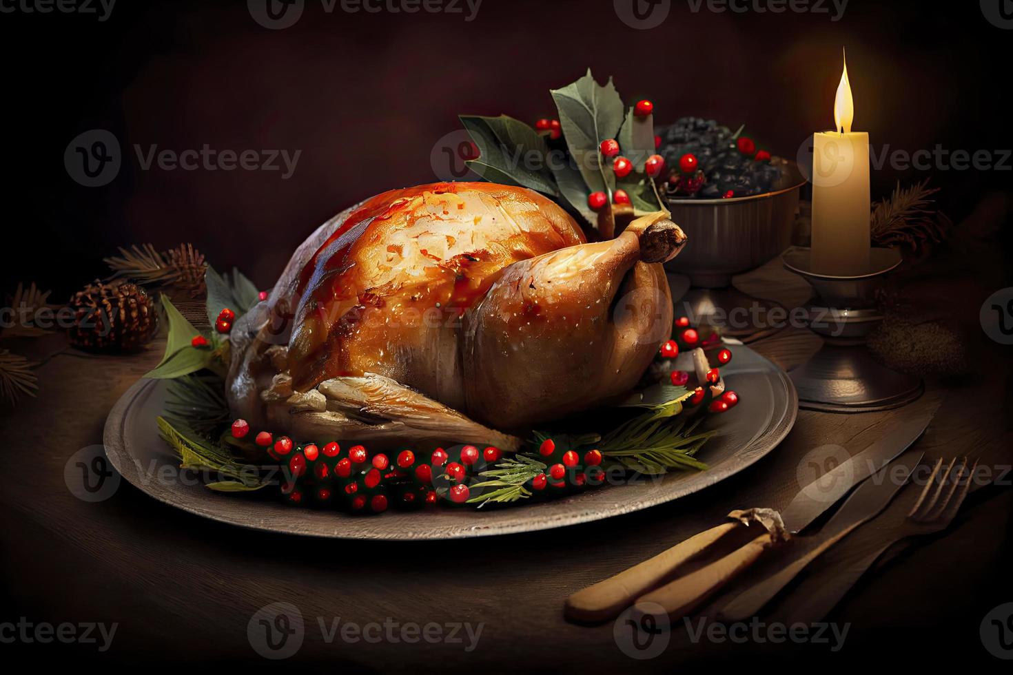 Christmas turkey dinner. Baked turkey garnished with red berries and sage leaves in front of Christmas tree and burning candles photo