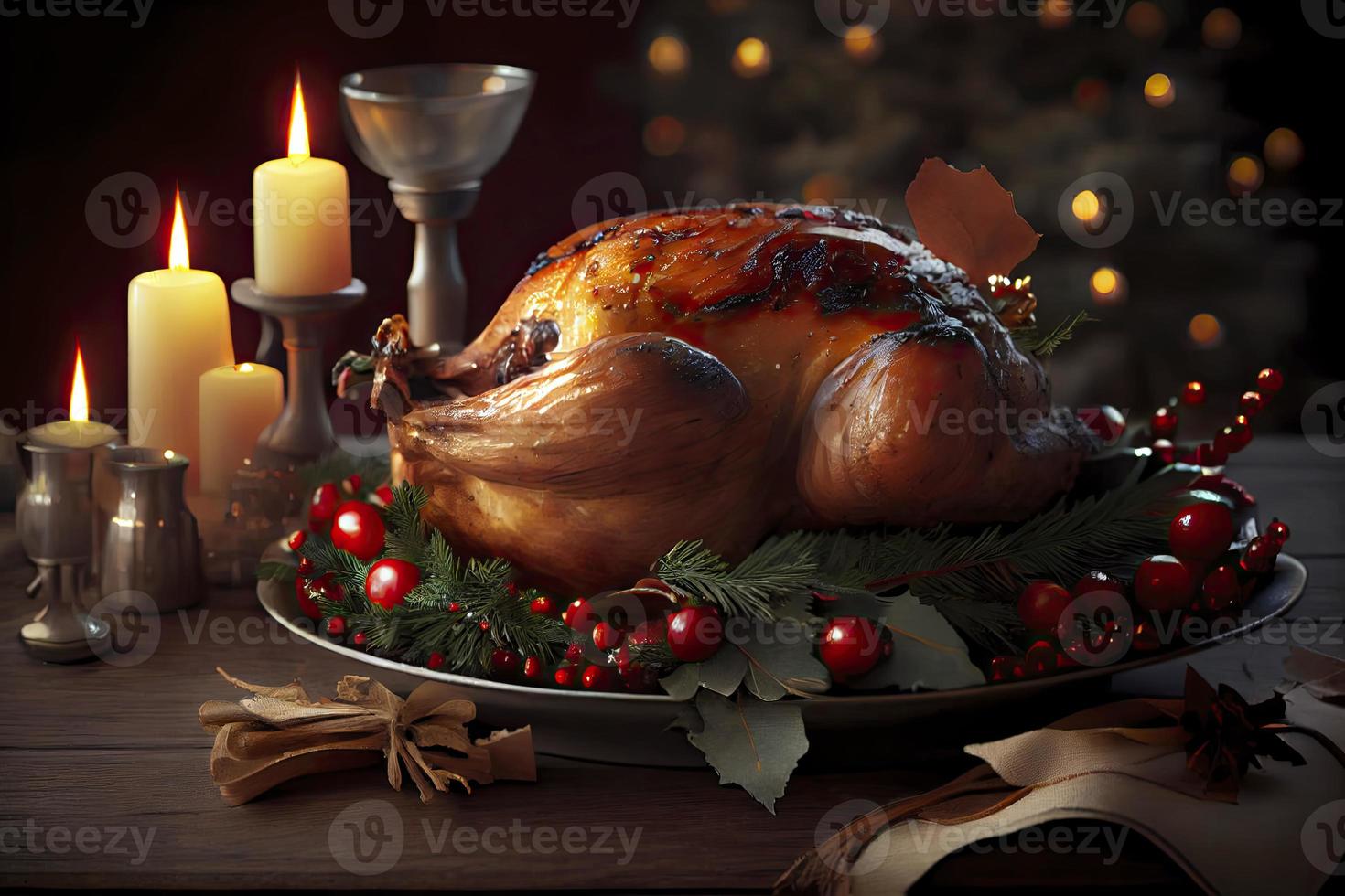 Christmas turkey dinner. Baked turkey garnished with red berries and sage leaves in front of Christmas tree and burning candles photo