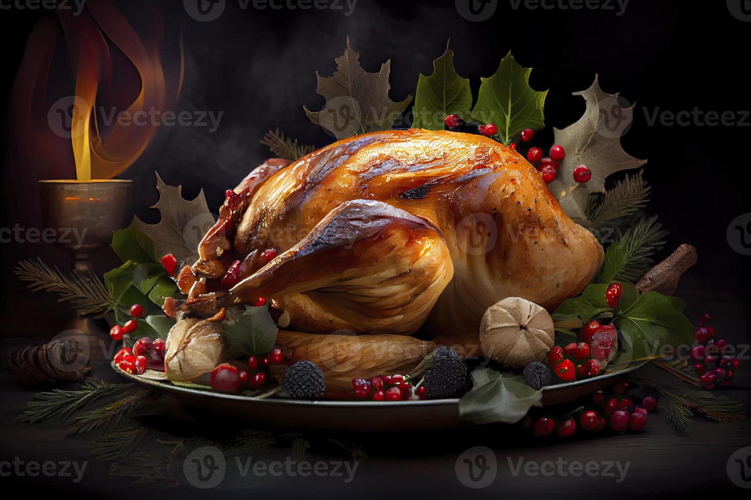 Navidad Turquía cena. horneado Turquía adornado con rojo bayas y sabio hojas en frente de Navidad árbol y ardiente velas foto