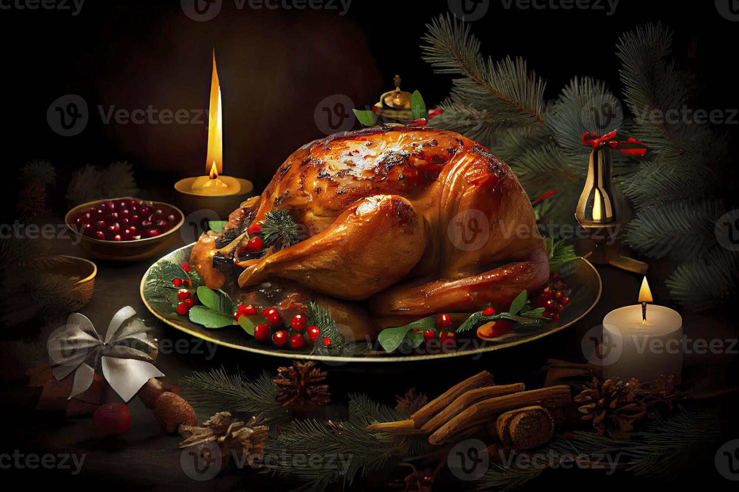 Christmas turkey dinner. Baked turkey garnished with red berries and sage leaves in front of Christmas tree and burning candles photo