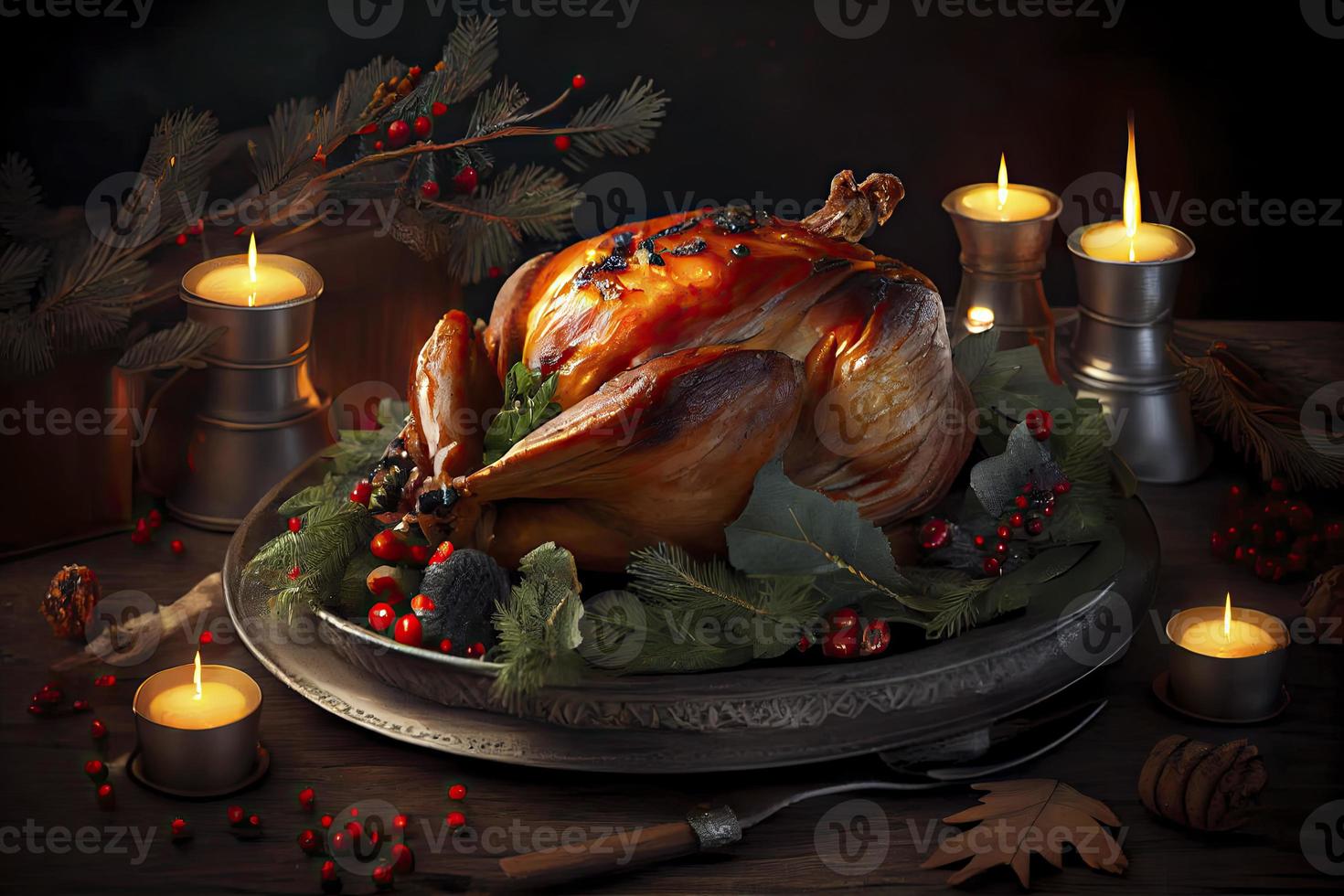 Navidad Turquía cena. horneado Turquía adornado con rojo bayas y sabio hojas en frente de Navidad árbol y ardiente velas foto