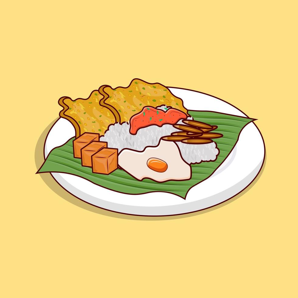 nasi lemak with tofu, fish is traditional food, asian food icon vector