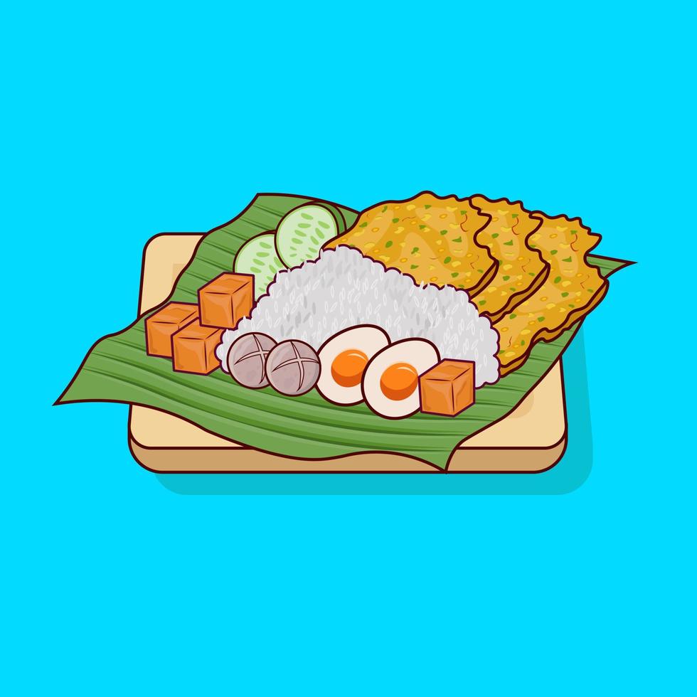 nasi lemak with bawan, tofu and meatball is traditional food icon vector