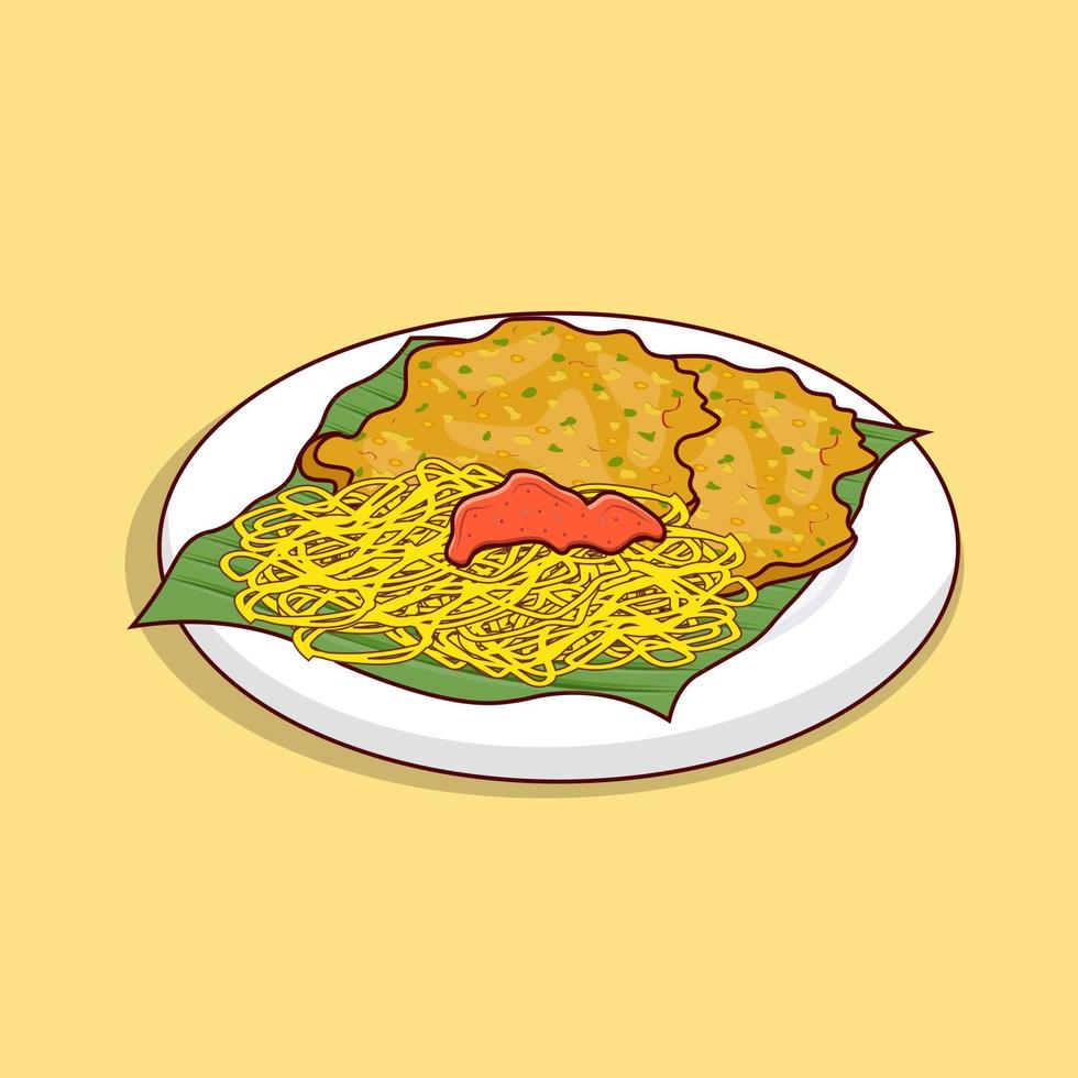 fideos con bakwan y chile en verde hojas ilustración vector