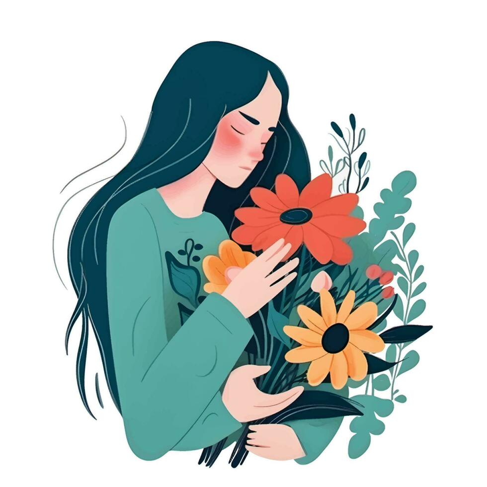 icono ilustración de mujer abrazando flores en plano dibujos animados estilo con largo cabello. un vibrante y expresivo diseño vector