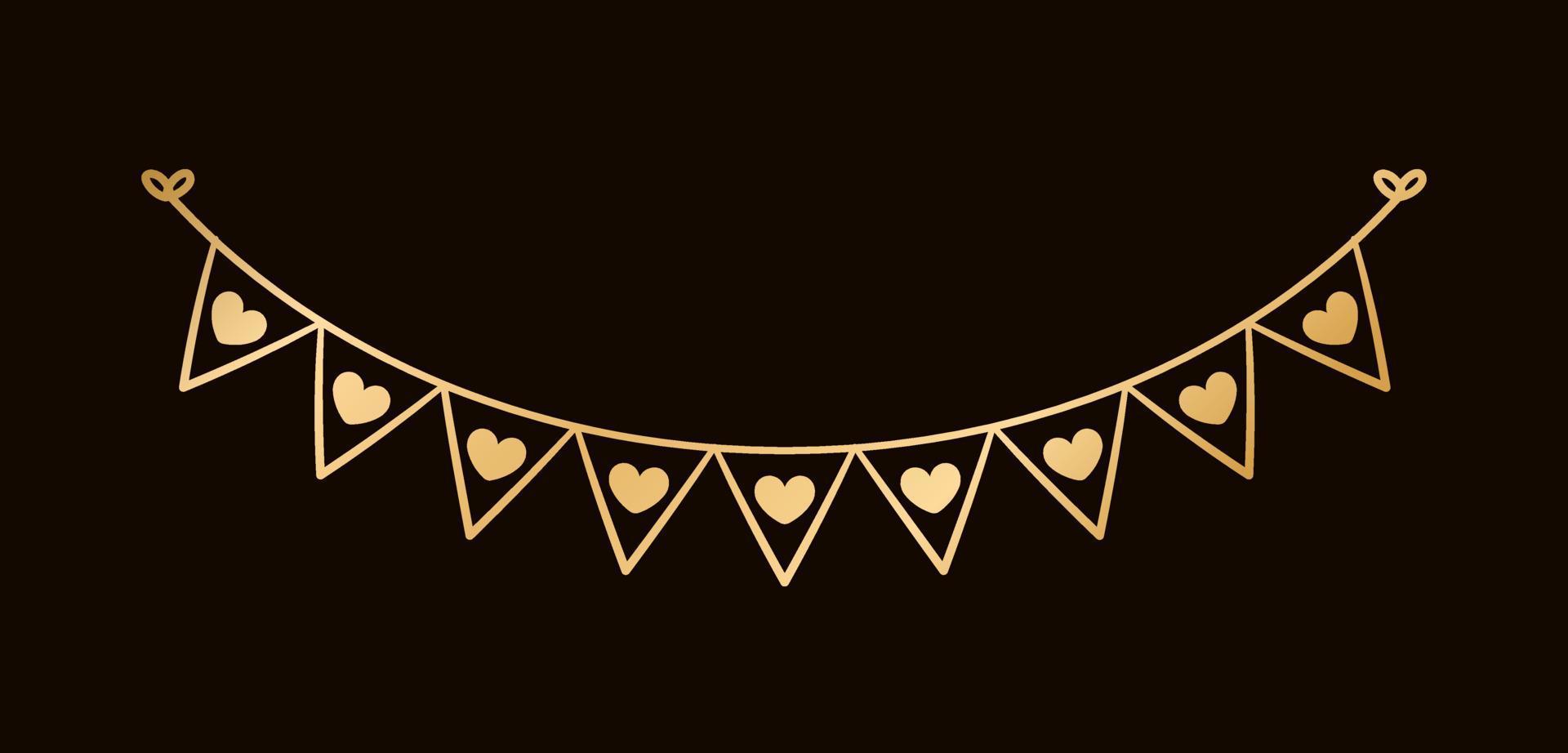 Golden Flags with Heart Pattern. Festive Birthday, Valentines Party celebration. Hanging buntings garlands vector illustration