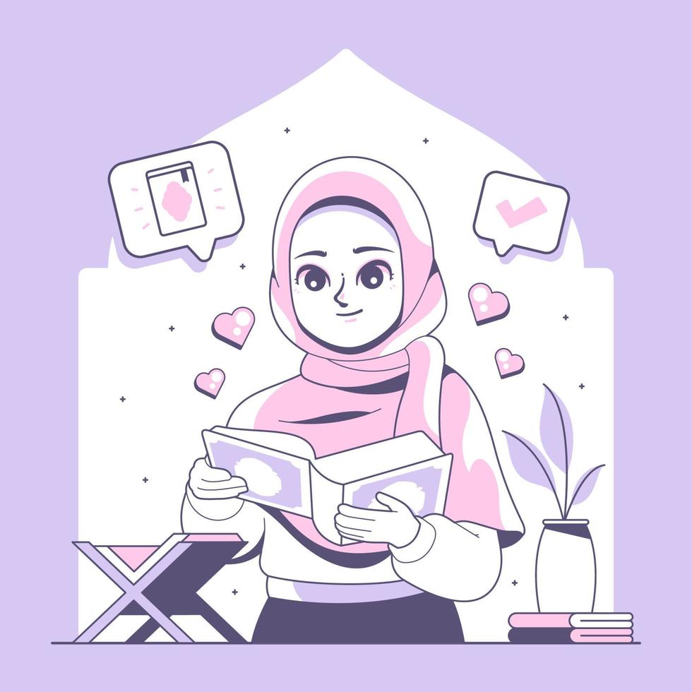 cute hijab girl learning al quran vector