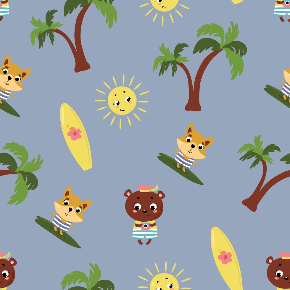 Summer seamless pattern with animals. Design for fabric, textile, wallpaper, packaging. vector