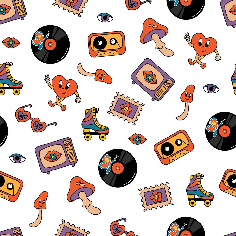 Seamless pattern with retro style. Cassettes, televisions, stamps, roller skates, eyes, lips. Endless patterns for your design. vector