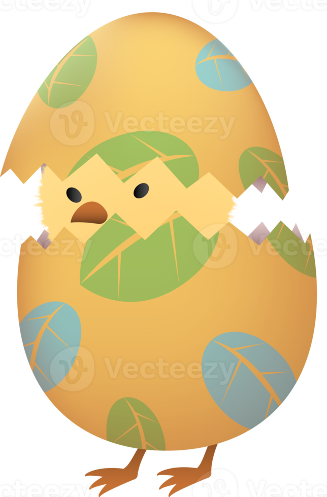 Chick in broken Easter egg with leaf png