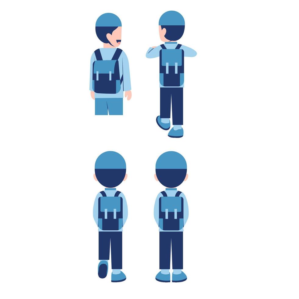 Set Of Muslim Boy Student With Schoolbag In Back View vector