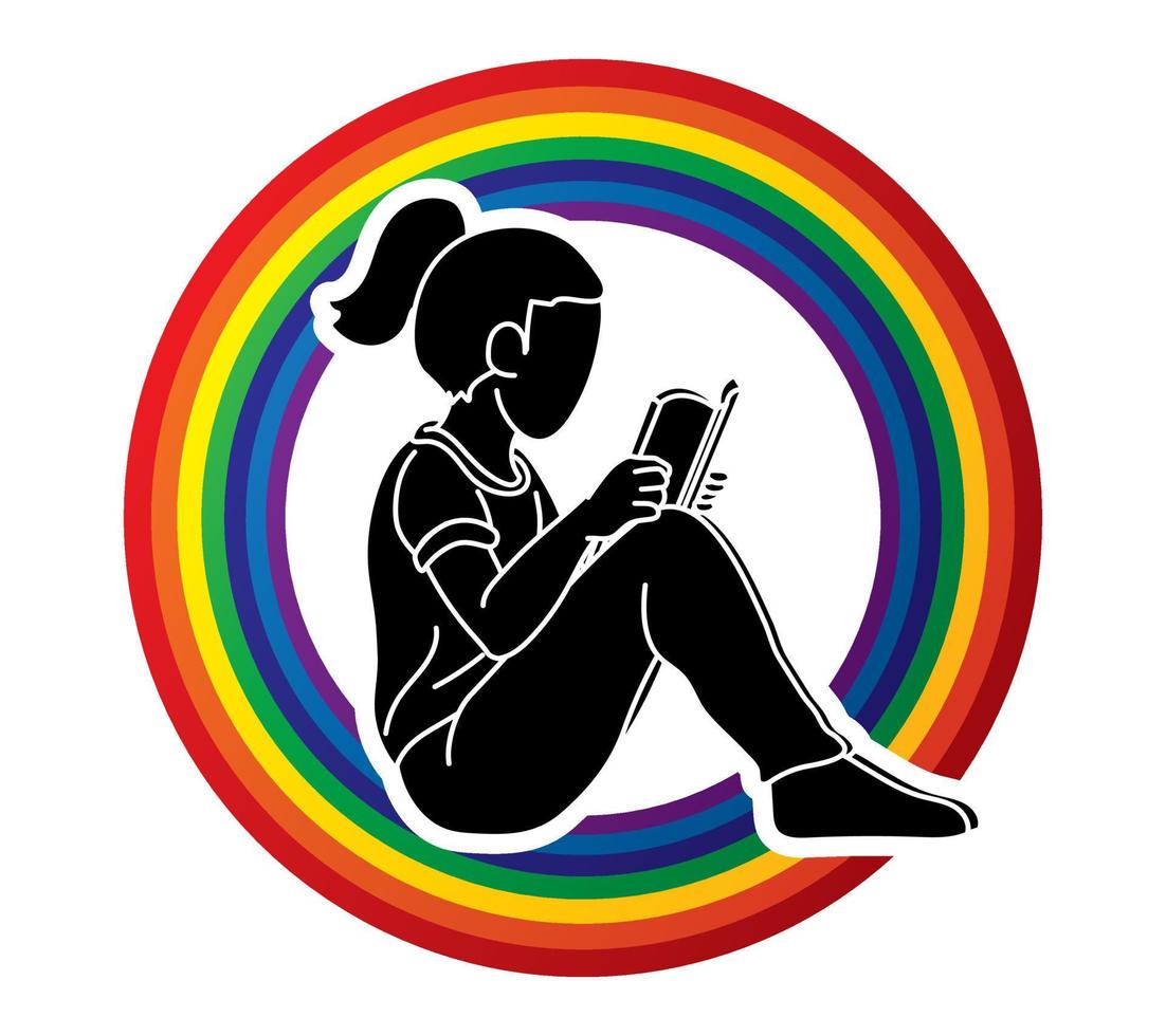 A Girl Reading A Book Cartoon Silhouette Graphic Vector