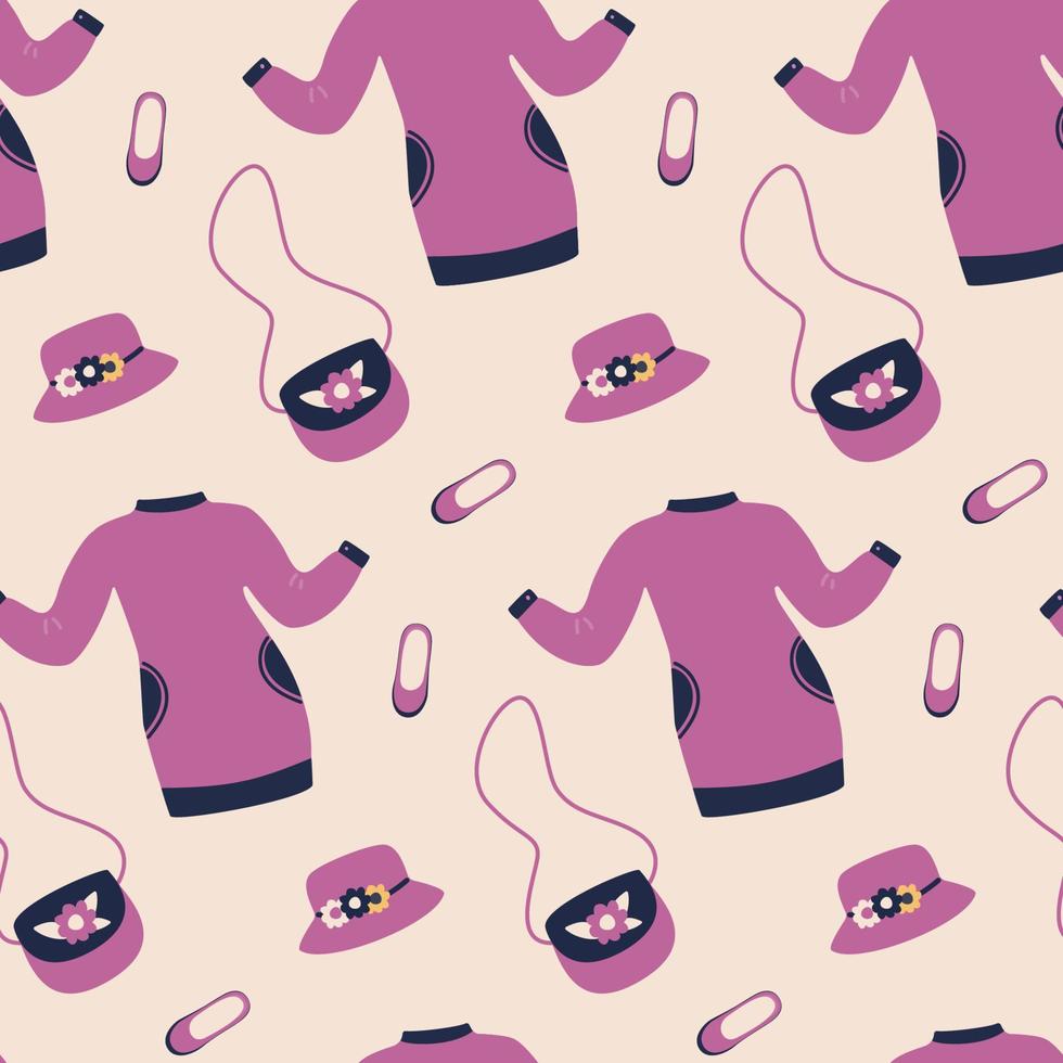 Seamless pattern of clothing - dress, ballet shoes, hat and handbag with a long strap. vector