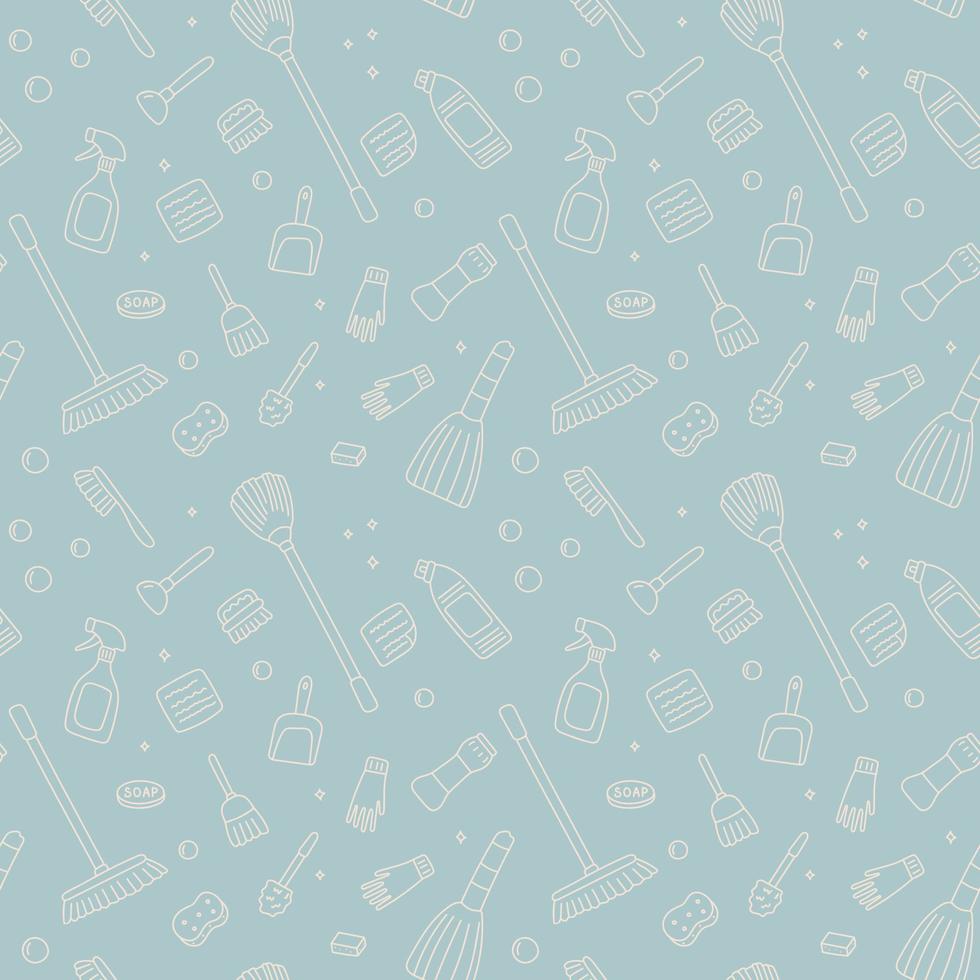 Seamless pattern of broom, mop, soap, plunger, toilet cleaner, rubber gloves. vector
