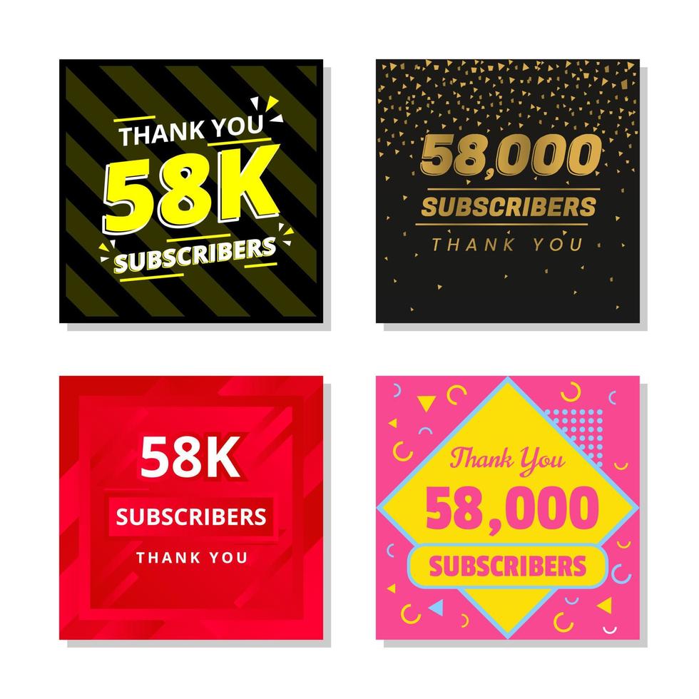 Thank you 58k subscribers set template vector. 58000 subscribers. 58k subscribers colorful design vector. thank you fifty eight thousand subscribers vector