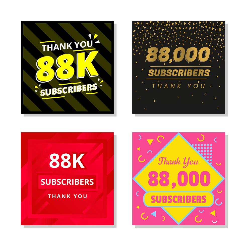 Thank you 88k subscribers set template vector. 88000 subscribers. 88k subscribers colorful design vector. thank you eighty eight thousand subscribers vector