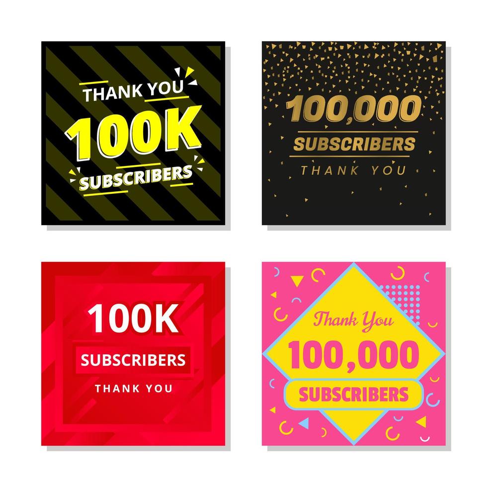 Thank you 100k subscribers set template vector. 100000 subscribers. 100k subscribers colorful design vector. thank you one hundred thousand subscribers vector