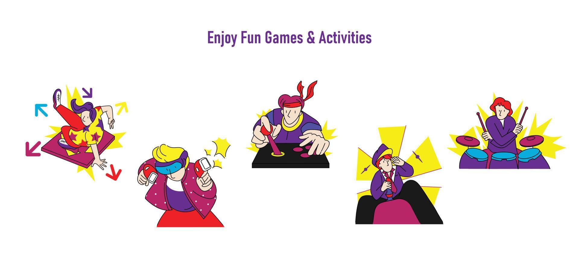 Set of gaming illustration, group of people with playing games activities graphic cartoon style bundle pack. vector