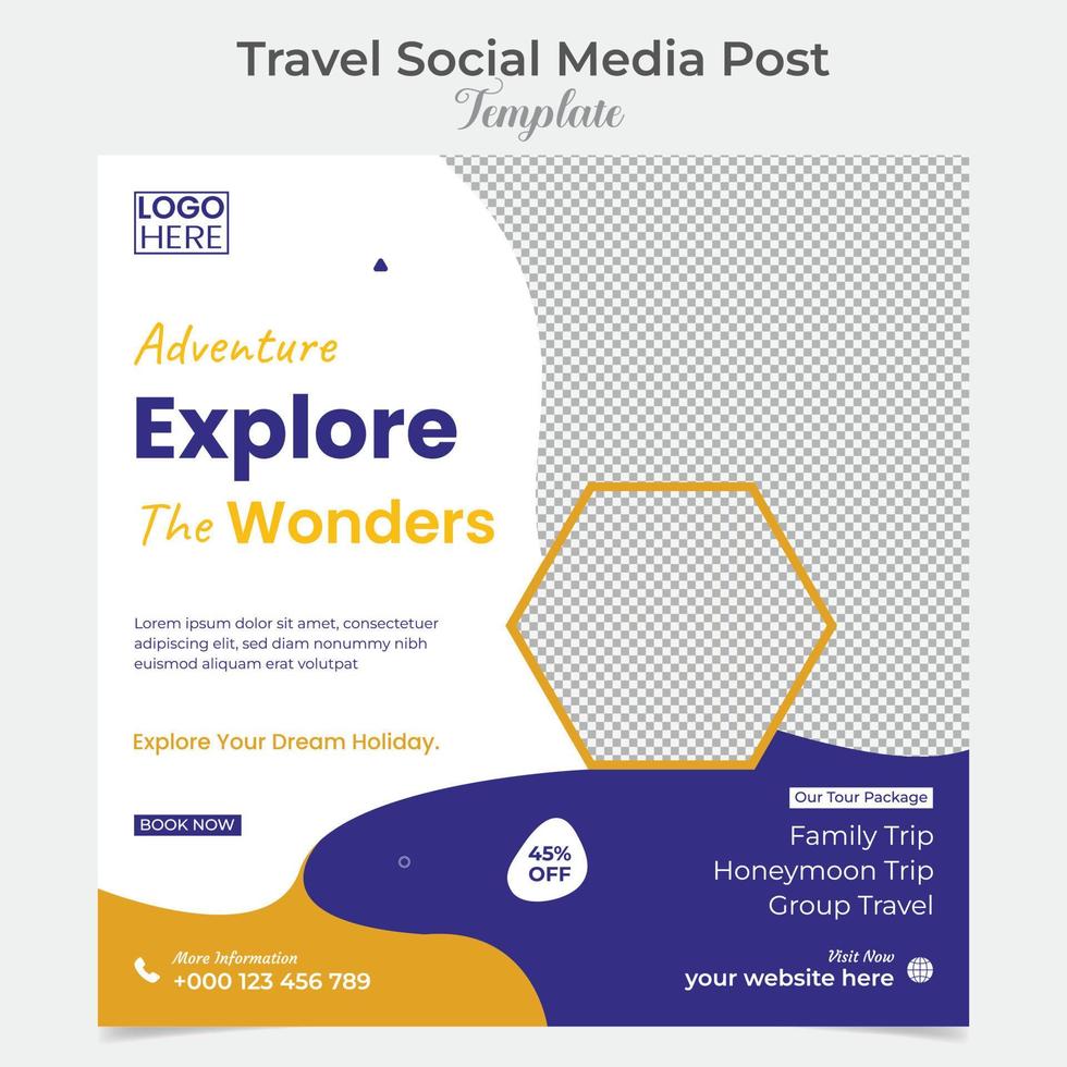 Adventure travel and tour square flyer post banner and social media post template design vector