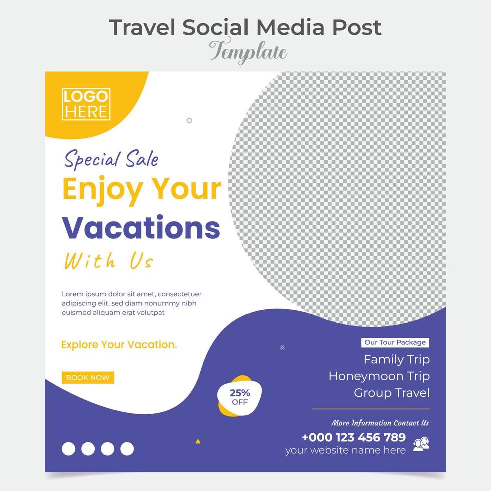 Holiday Traveling and tour social media post and square flyer post banner template design vector