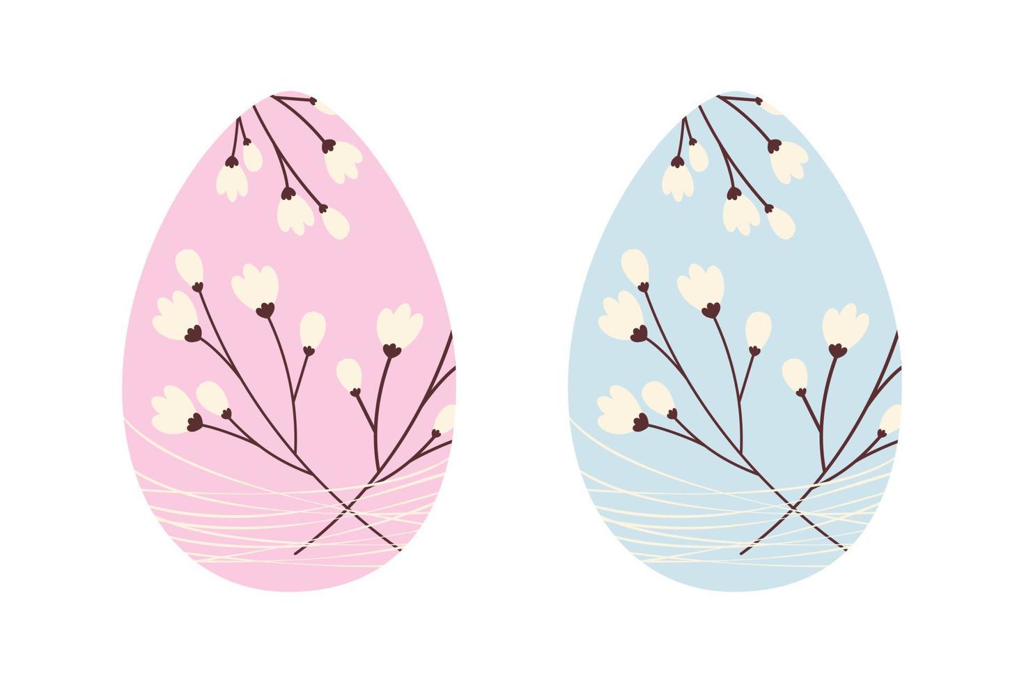 Set of two Easter eggs with pattern of cherry branches entangled with thin threads in trendy shades vector
