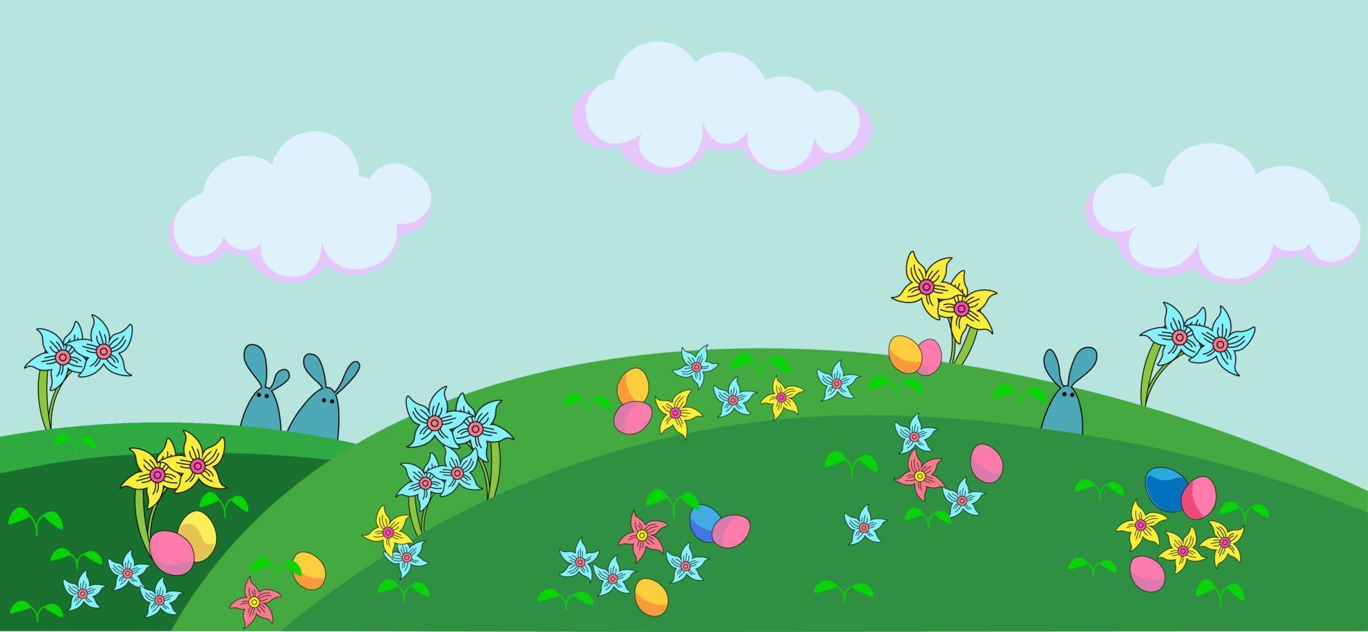 Vector drawing. Easter bunnies in the meadow. Easter eggs in flowers