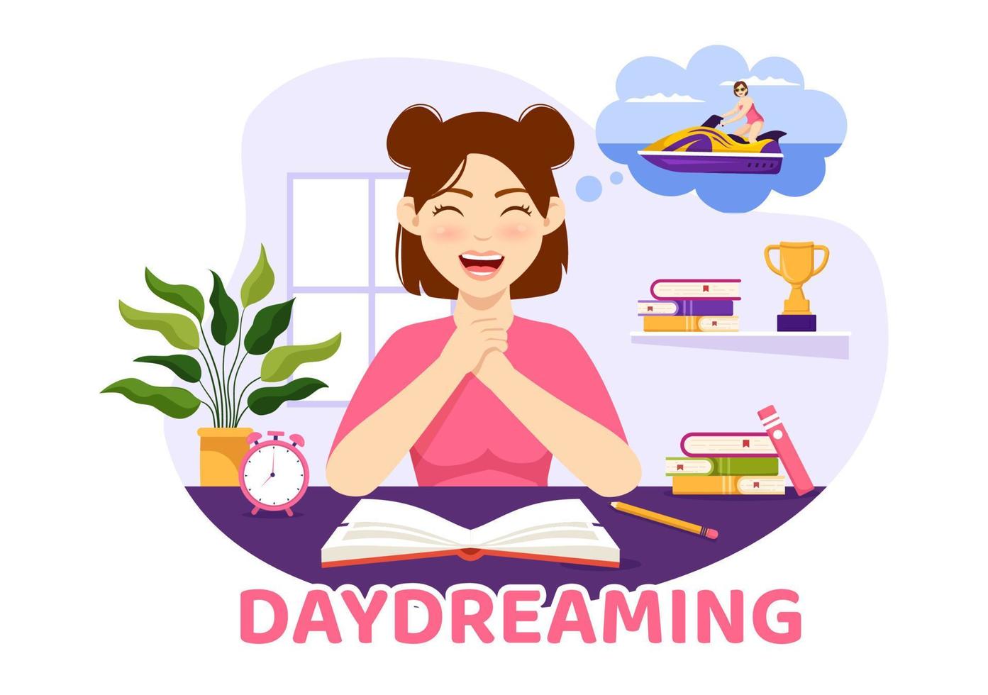 People Daydreaming Illustration with Imagining and Fantasizing in Bubble for Landing Page or Poster Templates in Flat Cartoon Hand Drawn vector