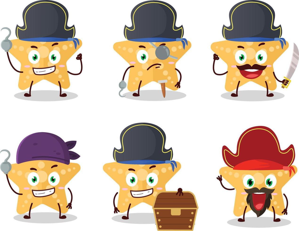 Cartoon character of yellow starfish with various pirates emoticons vector