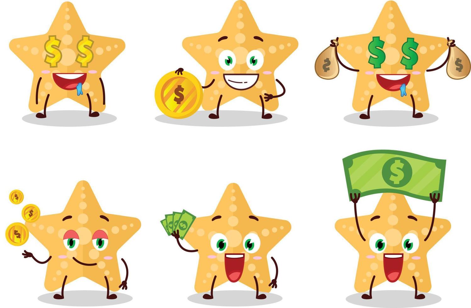 amarillo estrella de mar dibujos animados personaje con linda emoticon traer dinero vector