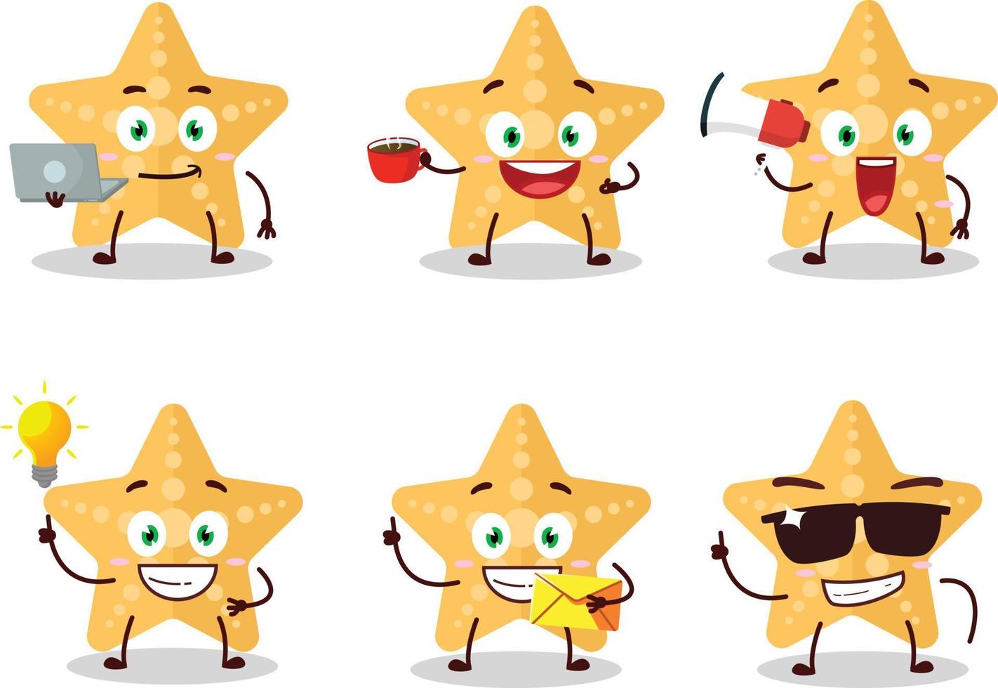 Yellow starfish cartoon character with various types of business emoticons vector