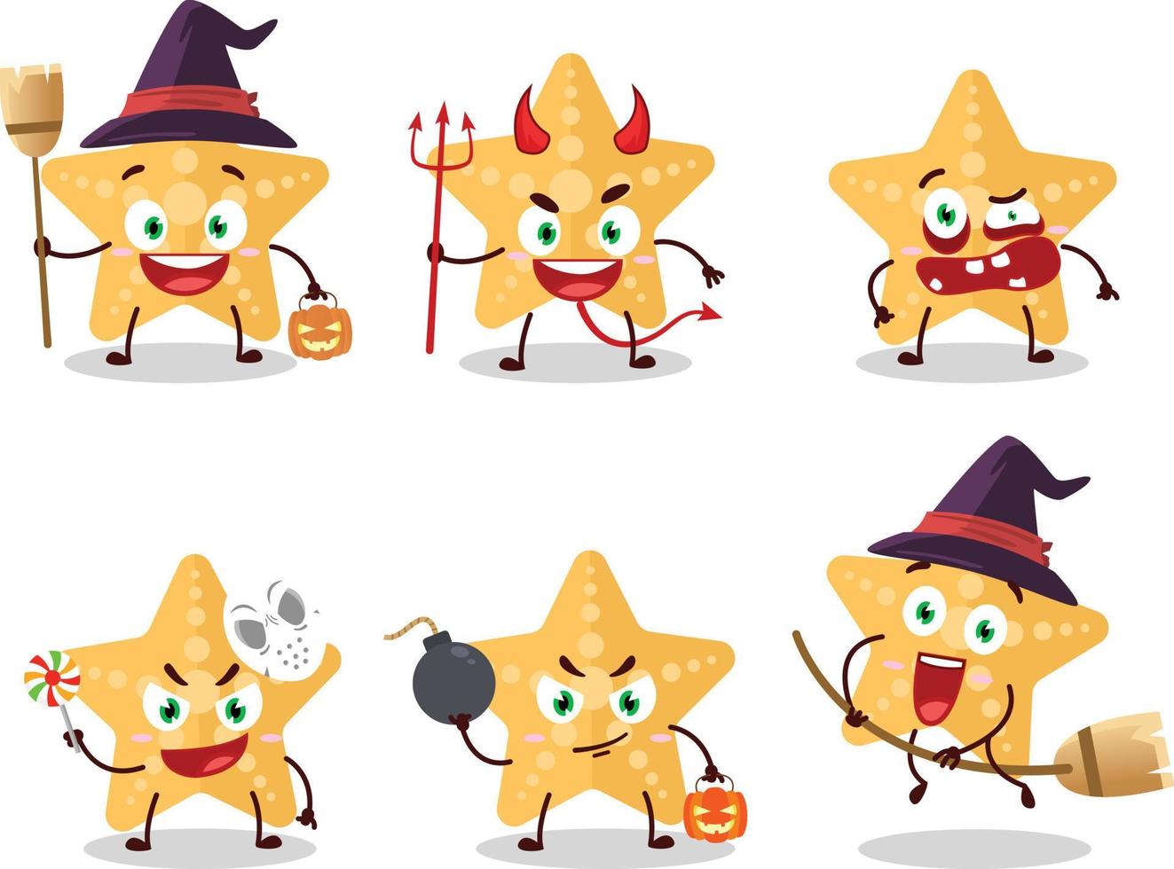 Halloween expression emoticons with cartoon character of yellow starfish vector