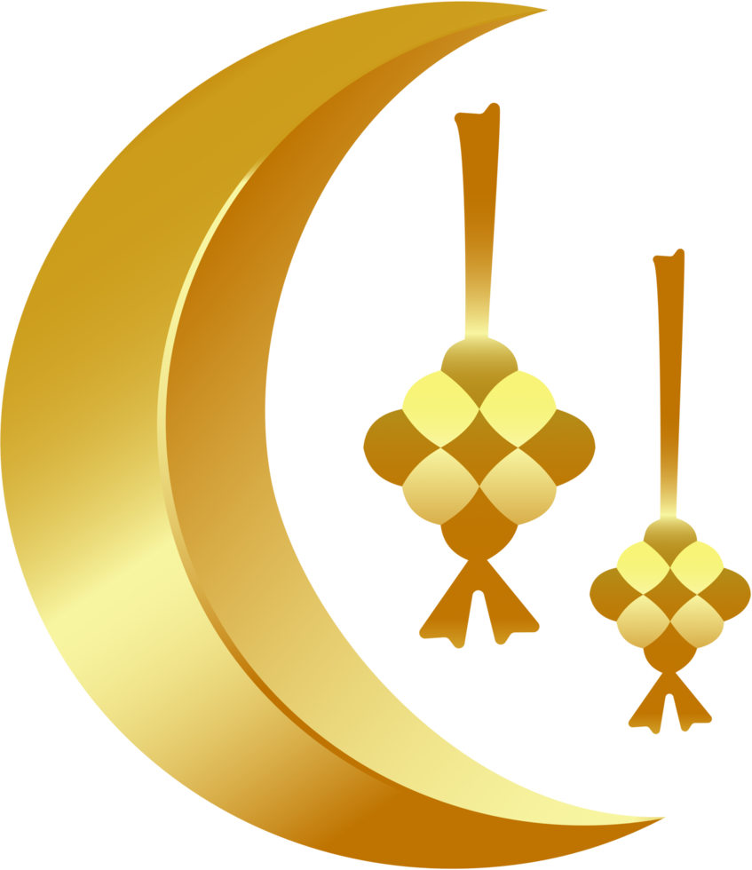 Golden crescent moon and ketupat rice Ramadhan and eid al fitr ornament. Transparent background image file png