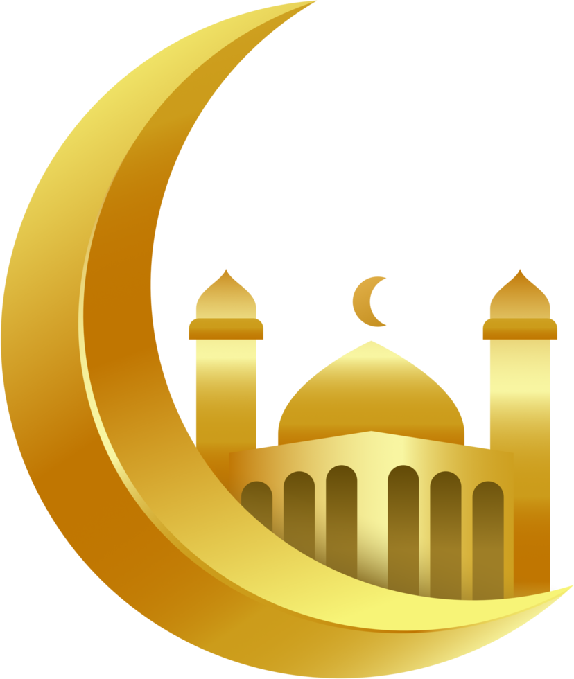 Golden crescent moon and mosque Ramadhan and eid al fitr ornament. Transparent background image file png