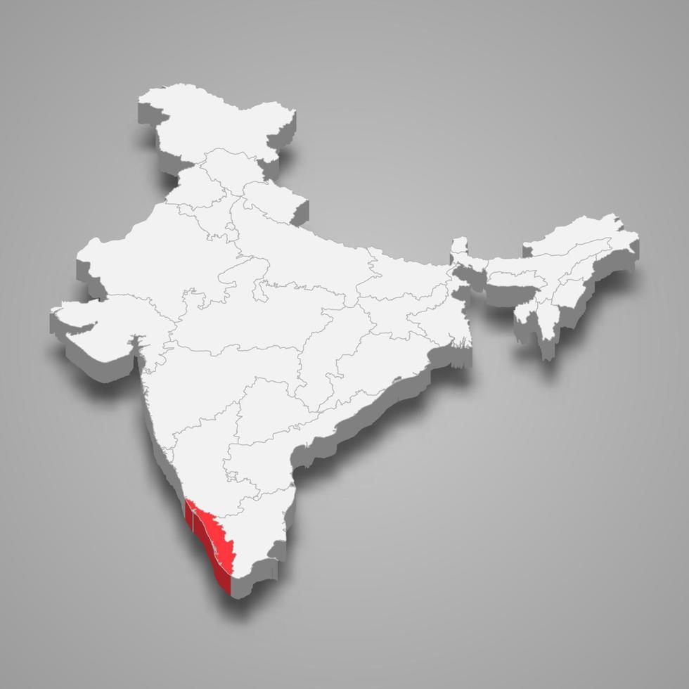 Kerala state location within India 3d map vector