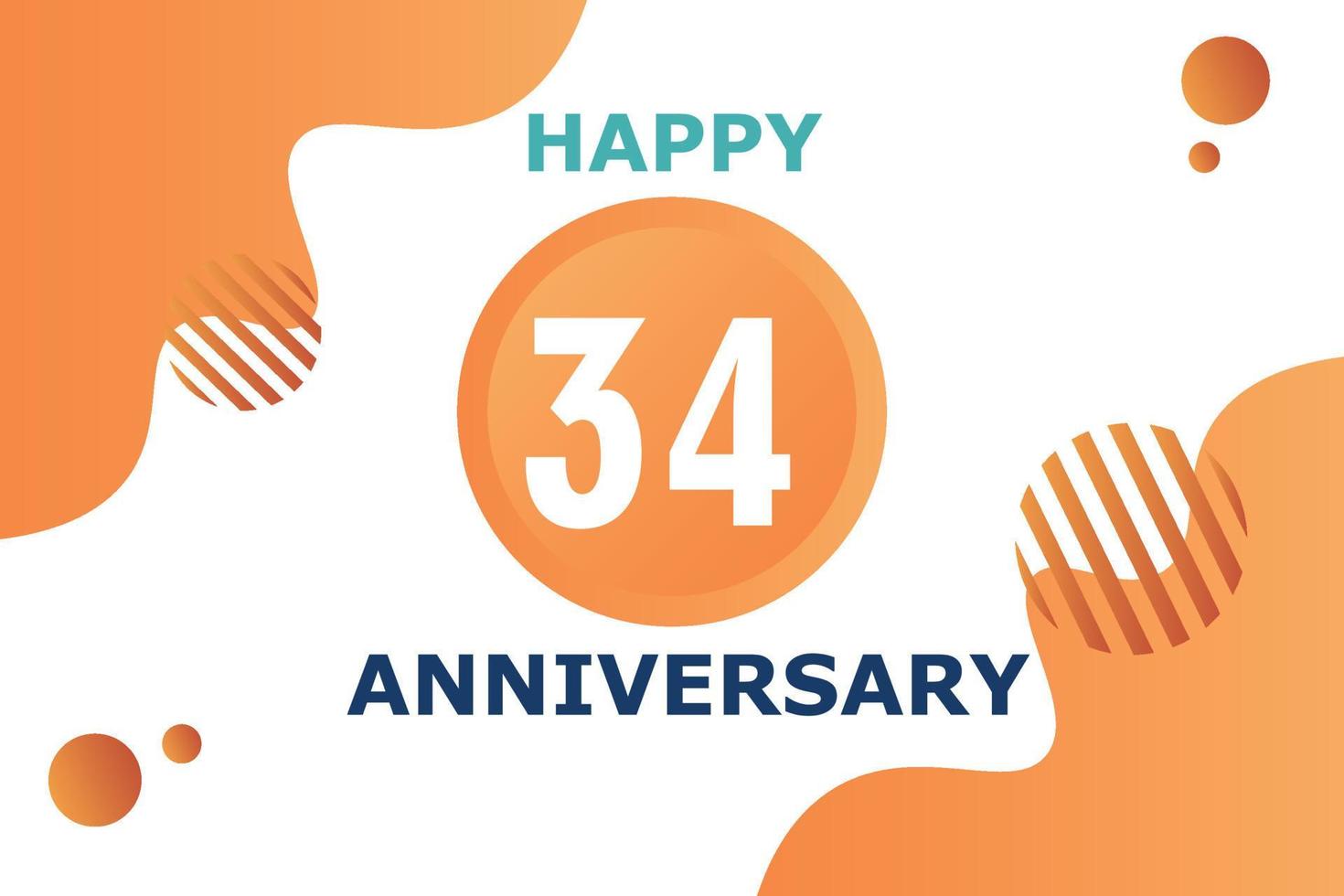 34 years anniversary celebration geometric logo design with orange blue and white color number on white background template vector