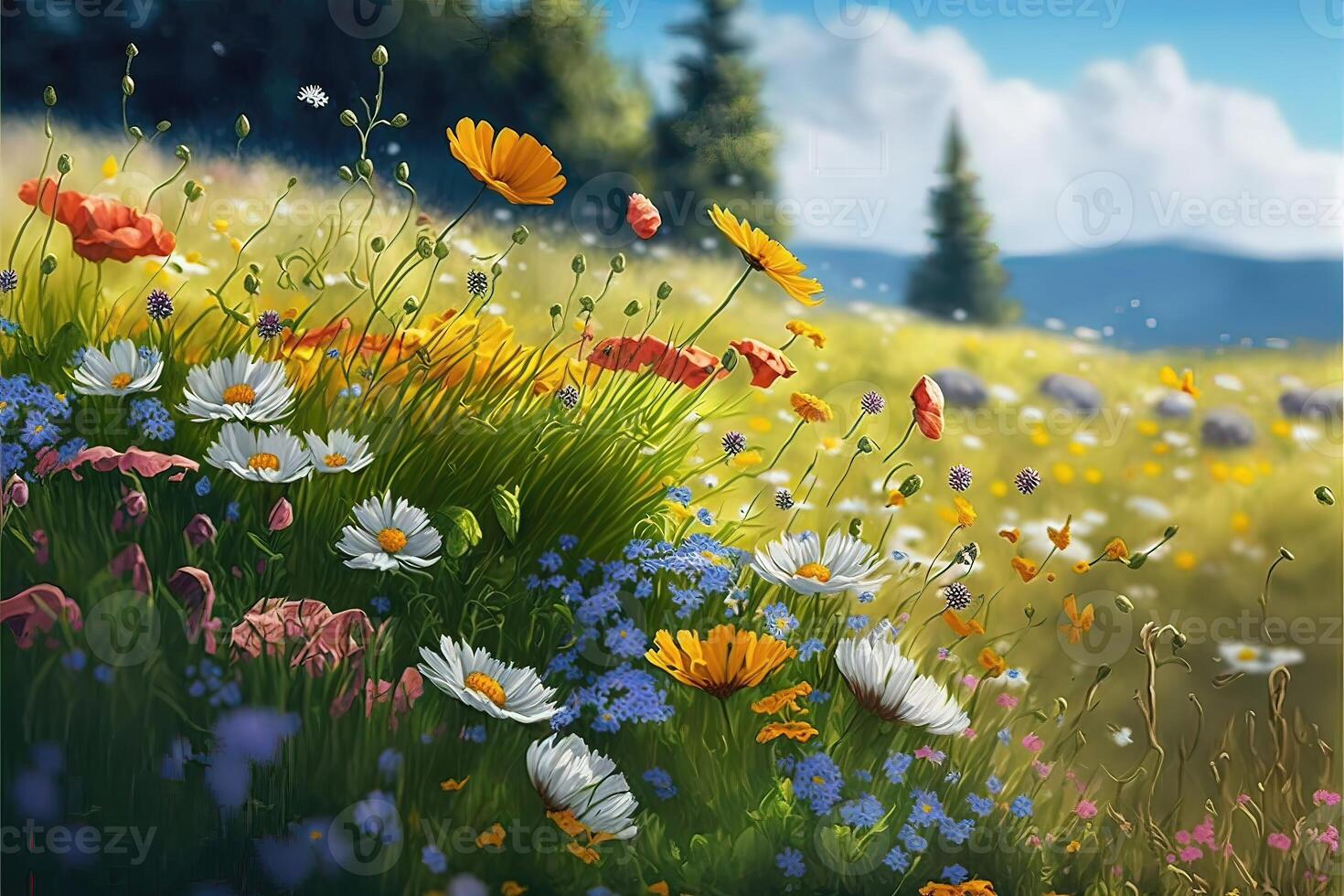 Field of flowers blooming in spring. Flower filled meadow in the springtime. photo