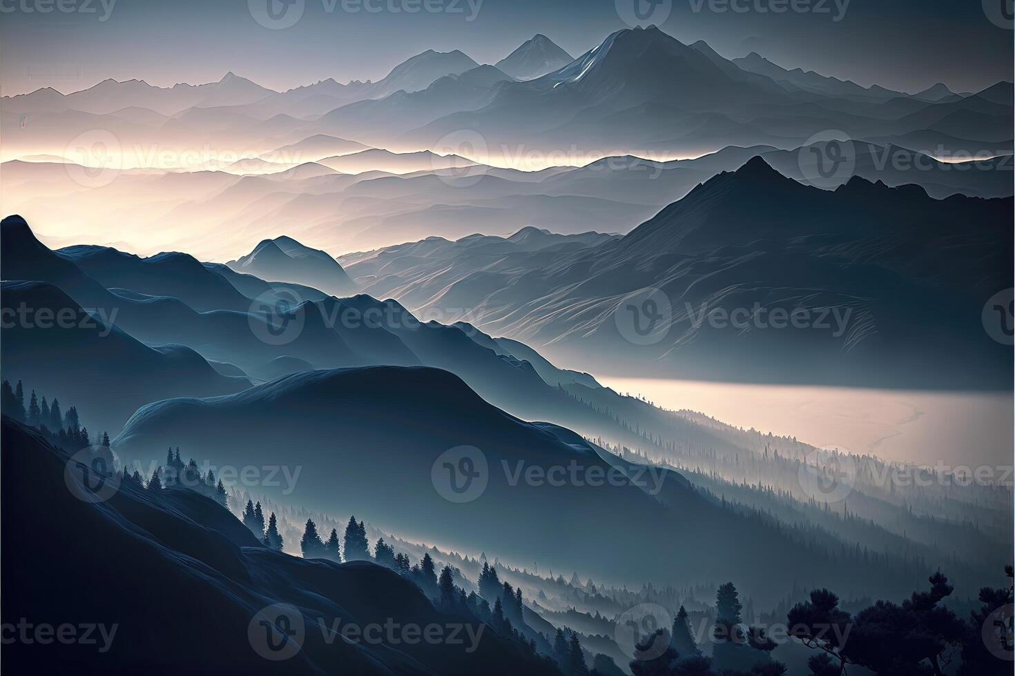 Misty mountain range in the early morning photo