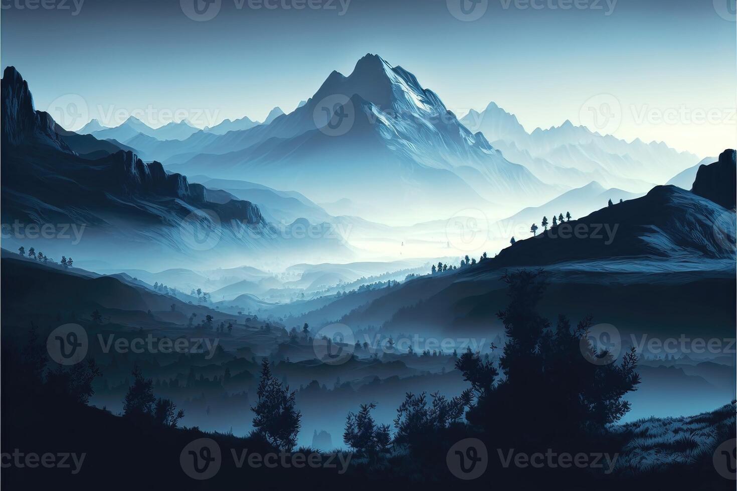 Misty mountain range in the early morning photo