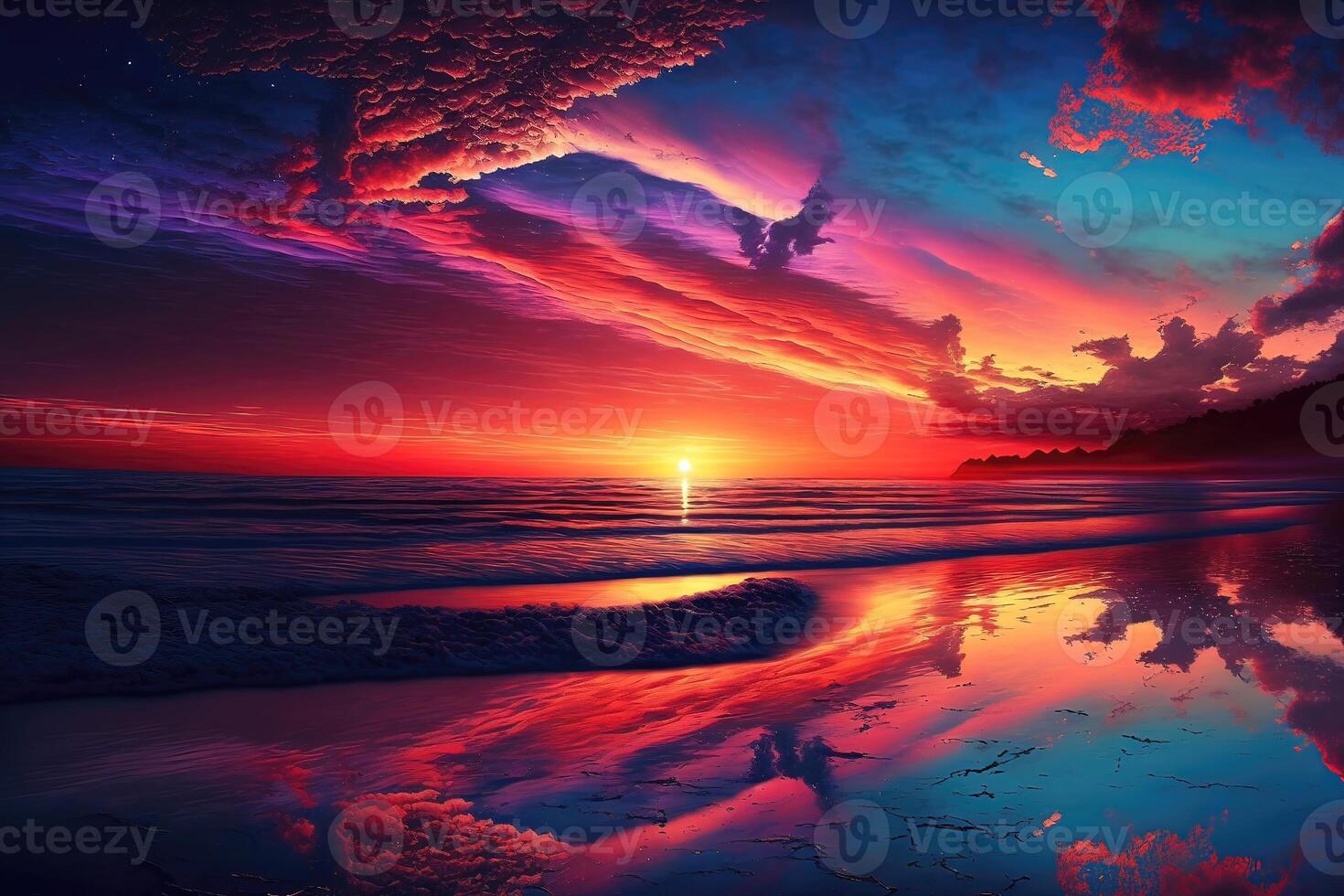 Abstract background of a sunset on a beach with waves crashing. photo
