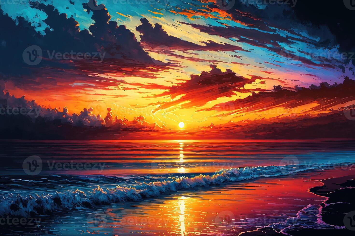 Abstract background of a sunset on a beach with waves crashing. photo