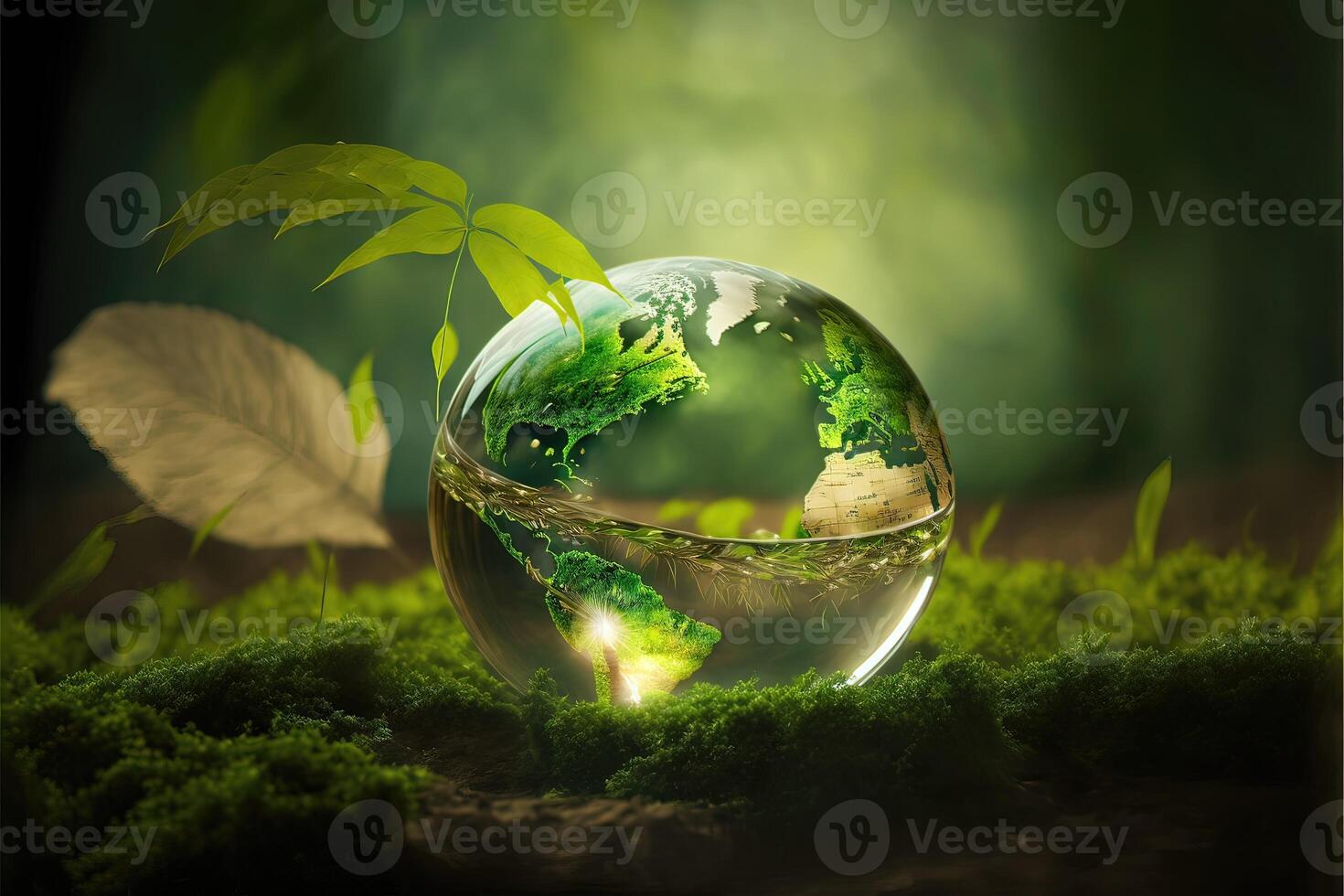 World environment and earth day concept with glass globe and eco friendly environment. photo
