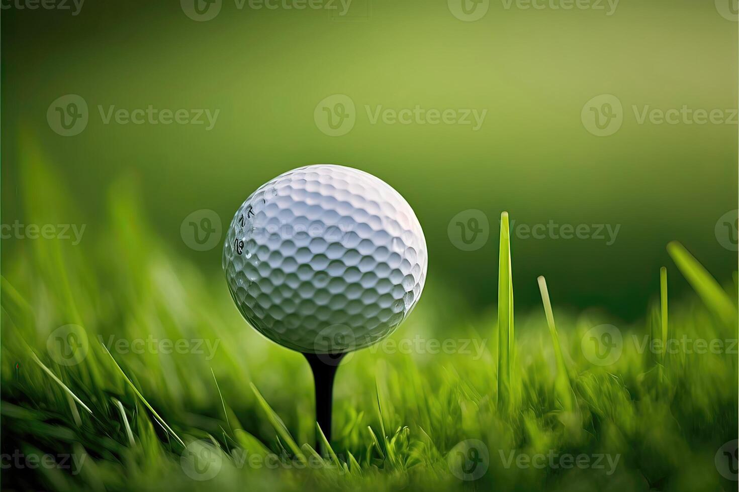 Golf ball on tee with grass and green blurred background. photo