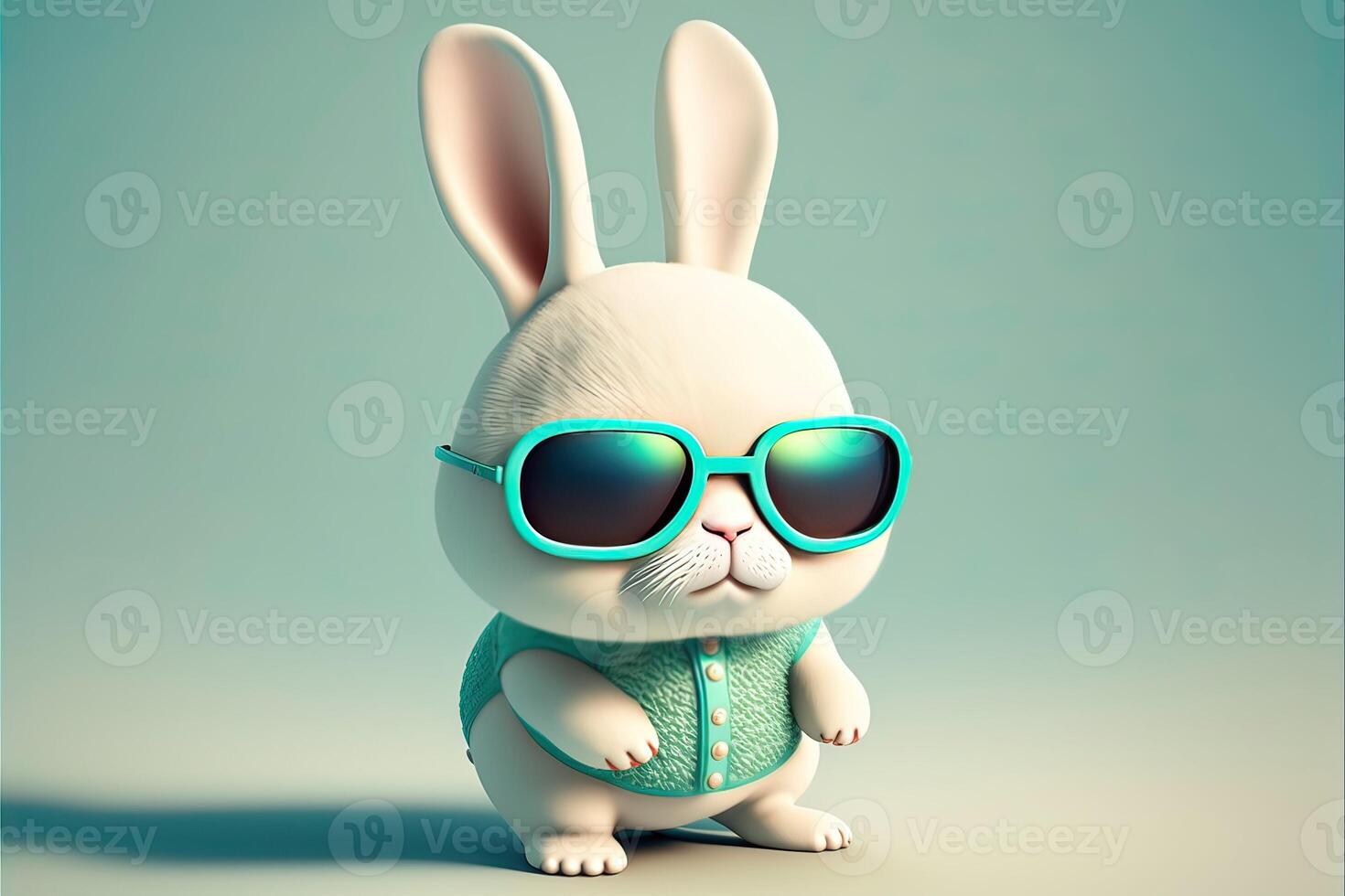 Tiny kawaii rabbit wears sunglasses cartoon style. Cute little bunny wearing sunglasses on green theme. photo