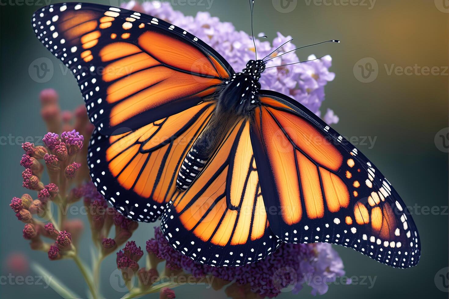 ai generado hermosa naranja monarca mariposa en al aire libre flor jardín. foto