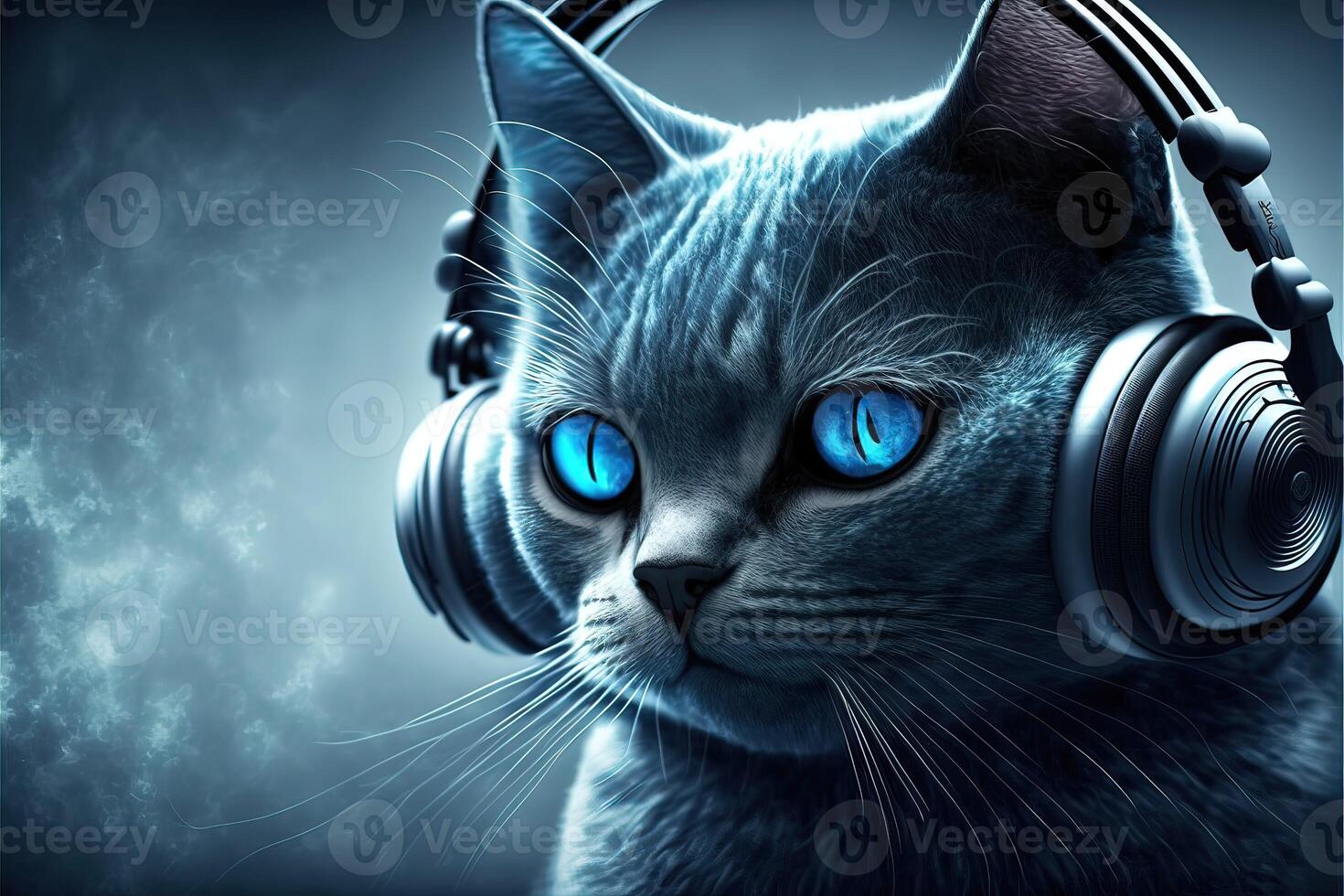 Cat Wears Headphones. Neon Blue Tone. 21821714 Stock Photo at Vecteezy